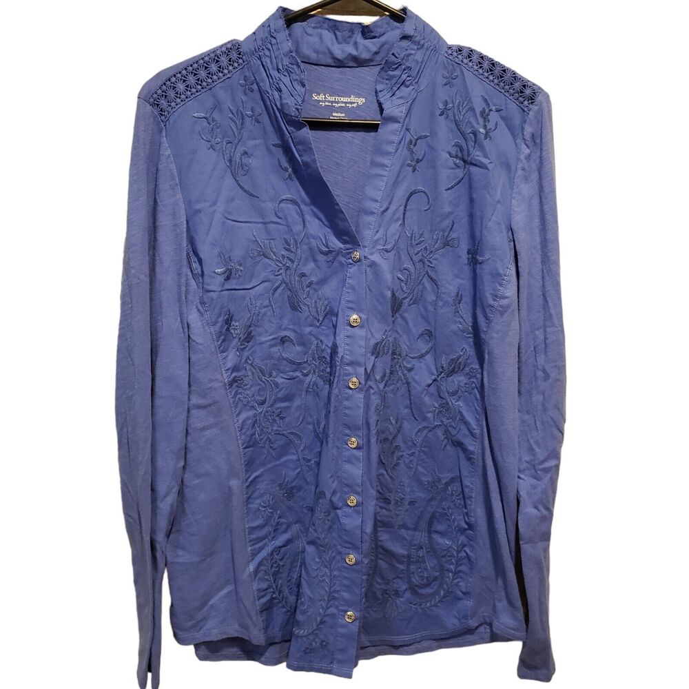 Soft Surroundings Dark Blue Embroidered Long Sleeve Tunic Blouse Size Medium